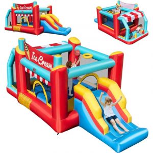 Costway - 5 en 1 Château Gonflable en Forme Marchand avec Toboggan & Maison de Saut, Aire de Jeux Gonflable avec Fosse à Balles & Panier, 50 Boules