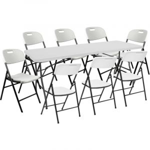 7h Seven House - Set Table Pliante 240cm et 8 Chaises avec Poignée Blanc Traiteur 7house