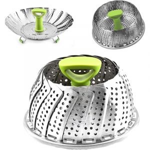 Pliable Panier Vapeur, Panier &agrave; vapeur pliable en acier, Panier cuit Vapeur avec Poign&eacute;e R&eacute;tractable en inox, Pour Cuire L&eacute;gumes et Aliments(Vert)