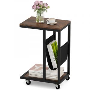 Table d'Appoint &agrave; roulettes en Forme de C, Bout de Canap&eacute; Industriel 3 Niveaux, Poche, Cadre en M&eacute;tal, 40 x 28 x 59 CM, Marron