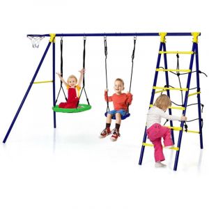 Northix - Balancoire 5 en 1 avec 2 balancoires panier de basket filet descalade et echelle descalade combinaison descalade et de balancoire bleu