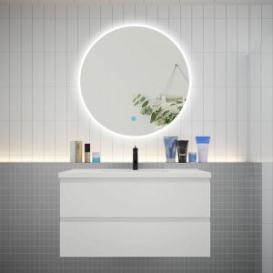 Aica Sanitaire - aica Ensemble meuble vasque L.99cm 2 tiroirs + lavabo + led miroir rond 90cm blanc easy