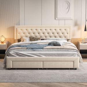Lit Double 180x200, Lit Capitonné 180x200, Lit Coffre avec 2 Tiroirs, Tête de Lit Capitonnée, Lit Adulte avec Rangement, Cadre de Lit Sommier à