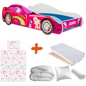 Bebegavroche - Pack Lit Voiture Rose My Little Pony Princesse et Arc en ciel -140 x 70 cm