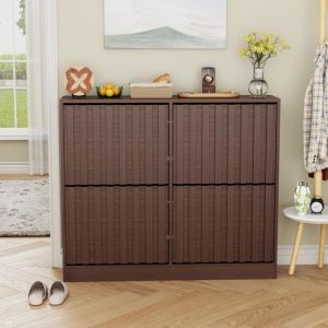 UEV Armoire &agrave; Chaussures avec 4 Abattants, Meuble &agrave; Chaussures Inclinable, &Eacute;tag&egrave;re R&eacute;glables et Amovibles, Motif en Ligne, pour Entr&eacute;e, Couloir,