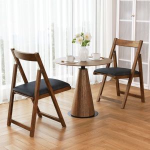 Lot de 2 Chaises de Salle &agrave; Manger Rembourr&eacute;es Chaise Pliante avec Dossier Courb&eacute;&Rembourrage Structure en Bois Charge 150kg Noyer