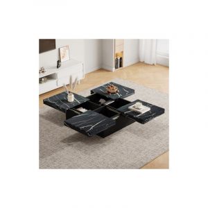 Table basse carrée noire aspect marbre, table de salon avec 4 tiroirs et plateau coulissant, 90x90x25 cm
