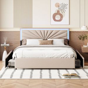 Blanketswarm - Lit Double 160x200,Lit Coffre 160x200 Beige Lit Adulte avec Rangement Lit Coffre Led Lit Double avec Tiroir Lit Adulte Capitonne Cadre