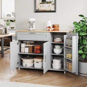 Desserte de cuisine 132,5 x 70 x 90 cm, 3 portes et 1 tiroir, avec table pliante, meuble cuisine, buffet, mdf, gris