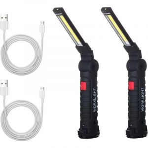 2 X Lampe De Travail Cob Baladeuse Led Rechargeable Lampe Atelier Cob Torche Lampe De Poche Lampe De Travail Baladeuse Led Avec Base Magn&eacute;tique Lampe