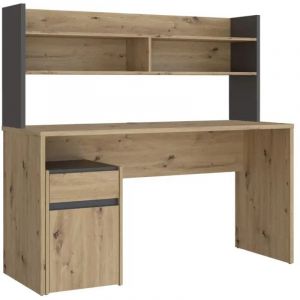 Meubletmoi - Bureau et surmeuble 140 cm d&eacute;cor bois ch&ecirc;ne gris fonc&eacute; mat - odyss&eacute;e