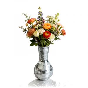 Vase Relaxdays Disco, effet miroir, HxD 28x14 cm, vase mosa&iuml;que rond, d&eacute;co table, scintillant, argent&eacute;