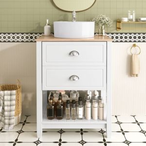 Meuble Lavabo 60 cm, avec vasque ronde en c&eacute;ramique &ndash; meuble-lavabo simple vasque avec 2 tiroirs et 1 compartiment de rangement ouvert &ndash; finition