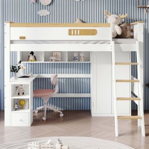 Tanant - Lit mezzanine 90x200cm, lit mezzanine avec bureau et penderie, cloisons ouvertes, escalier, sommier à lattes, barrière de sécurité, pin