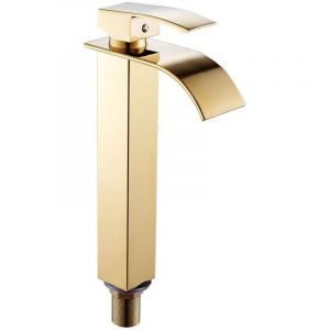 Hklffja - Robinet salle de bain lavabo haut cascade bec pour vasque,Mitigeur eau froide et chau moderne carré chromé trou simple (Doré)