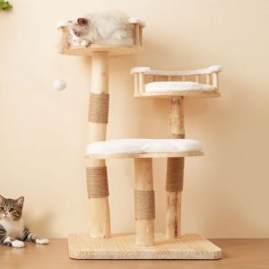 Arbre &agrave; Chat en Bois Massif - 98 cm, 3 Niveaux, Tapis Amovible et Balle de Jeu, Design en Forme de Nuage, &Eacute;cologique et Durable - Blanc