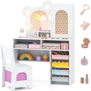 COSTWAY Coiffeuse Enfant Fille avec Chaise et Miroir Lumineux, Bureau Enfant avec 5 Tiroirs, 2 Compartiments, Armoire, &Eacute;tag&egrave;re Ouverte, pour Chambre