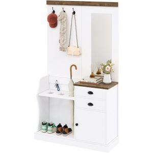 Meuble d'entrée vestiaire191 cm, Vestiaire entrée 4 en 1, avec miroir, patères, 2 tiroirs, rangement à chaussures et porte-parapluies, Design