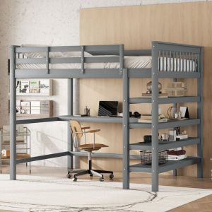 Redom - Lit mezzanine, 140 x 200, lit mezzanine enfant avec rangements et bureau sous lit, sans matelas, gris