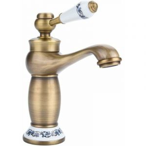 Keyoung - Rétro Mitigeur Robinet de Lavabo Laiton Céramique Évier Robinet Bleu Et Blanc en Porcelaine à Long Cou Vintage Floral avec l'entrée Robinet