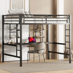 Lit mezzanine avec bureau, lit mezzanine ados 140x200 cm avec rangements, lit mezzanine adulte, cadre de lit en métal, noir
