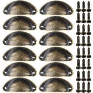12pcs Poignées de Meuble Vintage Boutons de Tiroir Metal Coquille pour Placards Armoire Commode Cuisine Tiroirs Laiton Antique 8135mm Bronze