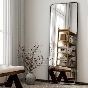 Koonmi Miroir d'angle rond, 163 x 53 cm, Miroir robuste avec cadre minimaliste en aluminium &eacute;troit, Grand miroir mural moderne pour salon et chambre,