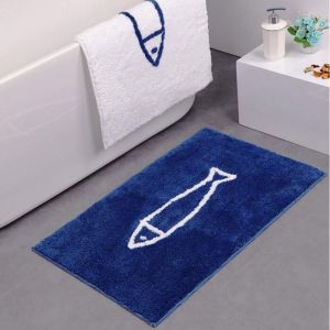 Tapis de Bain antid&eacute;rapant - Bleu et Blanc - Motif Poisson - Tapis de Salle de Bain - Tapis de Douche - S&eacute;chage Rapide - Tapis de Cuisine - 50 x 80