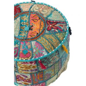 J-line - Pouf rond à motifs et pompons 40x40x30 cm en coton bleu - xanan