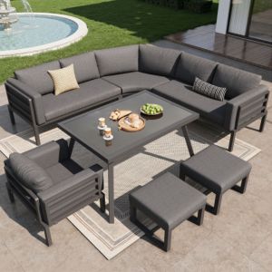 Canap&eacute; jardin demi-lune 8 places, avec structure fer, coussins gris, table basse verre, 1 fauteuil et 2 poufs