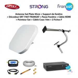Antenne Sat Plate 40cm + Support de fen&ecirc;tre + D&eacute;codeur srt 7407 fransat + Passe Fen&ecirc;tre + C&acirc;ble hdmi + Pointeur Sat + C&acirc;ble Coax 10m