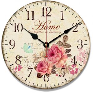BEBUSINGOTO 30cm Horloge Murale Fleurs Roses, Horloge Murale R&eacute;tro en Bois pour Salon, Chambres Et Cuisine, Horloges Murales Rondes Silencieuses &agrave;