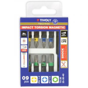 Tivoly &bull; Coffret 9 pcs Lg 25- 8 embouts Torsion Impact ACR & Magnetique + 1 porte embout magn&eacute;tique impact