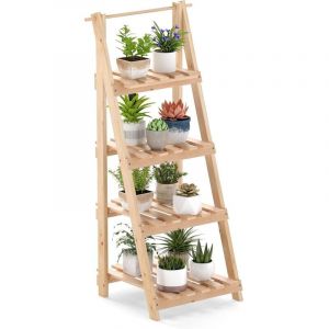 Support de Pote en Bois de Sapin à 4 Niveaux, Étagère à Plante avec Lattes Respirantes, Porte-Plante Polyvalent en Échelle pour Balcon, Salon, 28x52x