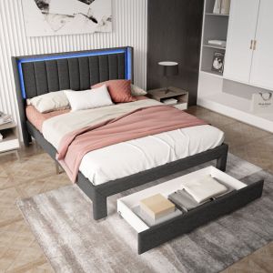 Lit 140x200 avec Tiroir, Lit Double 140x200, Lit Capitonné avec Rangement, Tête de Lit avec Lumière led et Port usb, Lit Adulte Coffre, Lin, Gris