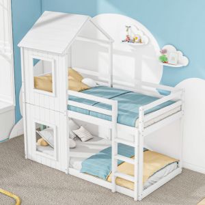 Lit superposé, lit cabane enfant 90x200 cm avec échelle et baldaquin, cadre de lit en bois de pin, blanc