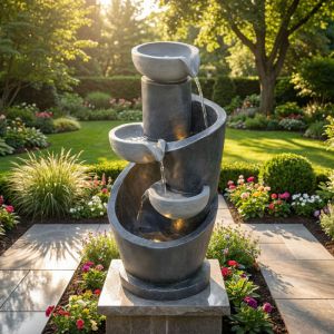 Fontaine de Jardin avec &Eacute;clairage LED &ndash; Rev&ecirc;tement Pierre Artificielle, Pompe &agrave; Eau, Jeu d&rsquo;Eau pour Ext&eacute;rieur et Int&eacute;rieur &ndash; Gris, A