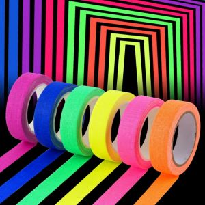 Ruban adhésif fluorescent en tissu Gaffer 0,6 pouce x 16,5 pieds, 6 couleurs, bandes lumineuses noires, ruban fluorescent uv phosphorescent pour fête