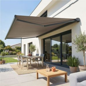 Store banne coffre int&eacute;gral hevoa 5,00x3,50 m (Motoris&eacute; Secours &agrave; T&eacute;l&eacute;commande + led - Gris anthracite structur&eacute; RAL7016ST - Taupe)