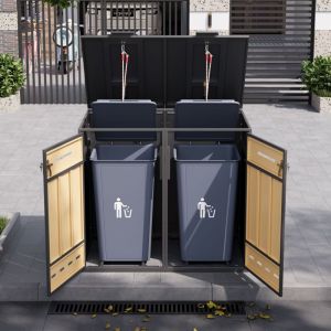 Cache poubelle ext&eacute;rieur double, 2 x 120-240 L, avec trous de ventilation, compartiments de rangement, verrouillable, 2 portes