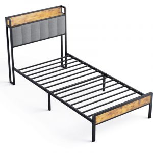 Lit Simple 90 x 200 en M&eacute;tal avec T&ecirc;te de lit Capitonn&eacute;e en Tissu pour Rangement Bealife Sommier &agrave; Lattes Lit Enfant Adolescent Noir et Gris Clair
