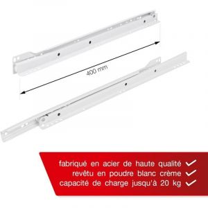 Coulisse Tiroir 400 mm - Lot de 2 (1 paire) Rails pour Tiroir Coulissants, en blanc, Syst&egrave;me de Glissi&egrave;re &agrave; Sortie Partielle - Kit de Tiroir