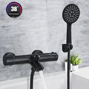 Zamery - Noir Mitigeur de Baignoire thermostatique Cascade avec Douche à Main 3 Jets au Choix Robinet de Baignoire en Laiton avec Support Mural de