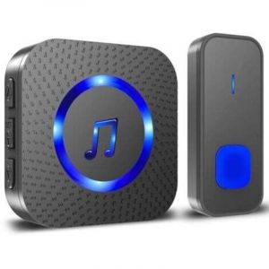 Sonnette sans Fil, 400M Sonnette de Porte IP55 &Eacute;tanche Carillon Electronique, 55 M&eacute;lodies au 5 Niveaux Volumes, LED Bleu Noir