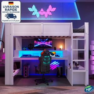 Lit mezzanine 90 x 200cm- Lit adulte/enfant mezzanine - Bureau avec éclairage led, tiroirs, étagères, matelas non inclus - Bois Certifié pefc -blanc