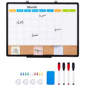 Mophorn 24"x18" Calendrier mensuel Tableau blanc et tableau en li&egrave;ge Combo avec cadre en aluminium &ndash; Tableau magn&eacute;tique effa&ccedil;able &agrave; sec 2 en 1 pour