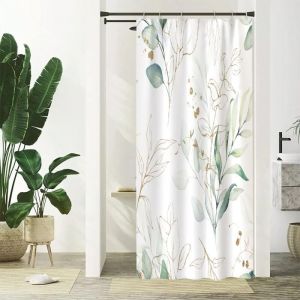 Rideau Douche Vert, Rideau de Douche Feuilles d'eucalyptus Abstrait Doré Plante Petit Rideaux de Baignoire Anti Moisissure Imperméable Tissu