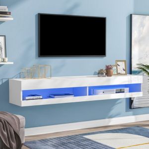Meuble TV 140x40x30.5cm design suspendu LED int&eacute;gr&eacute; rangement MDF laqu&eacute; blanc