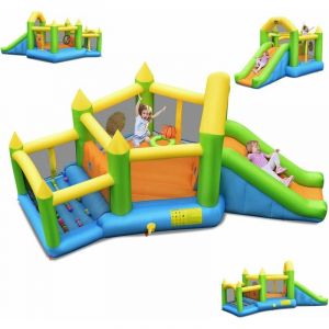 Château Gonflable en Forme de Pentagone avec Toboggan, Maison de Rebond Gonflable avec Piscine à Balles, Panier de Basket, Intérieur Extérieur pour 3