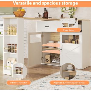 Table de bar extensible avec 2 portes verre et &eacute;tag&egrave;res - bar de cuisine en mdf blanc avec tiroir 138x39x104 cm